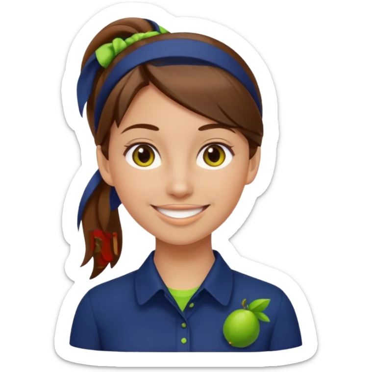 female with brown hair in ponytail, brown eyes, navy blue blouse with lime green Indie Services logo, emoji style, smiling sticker