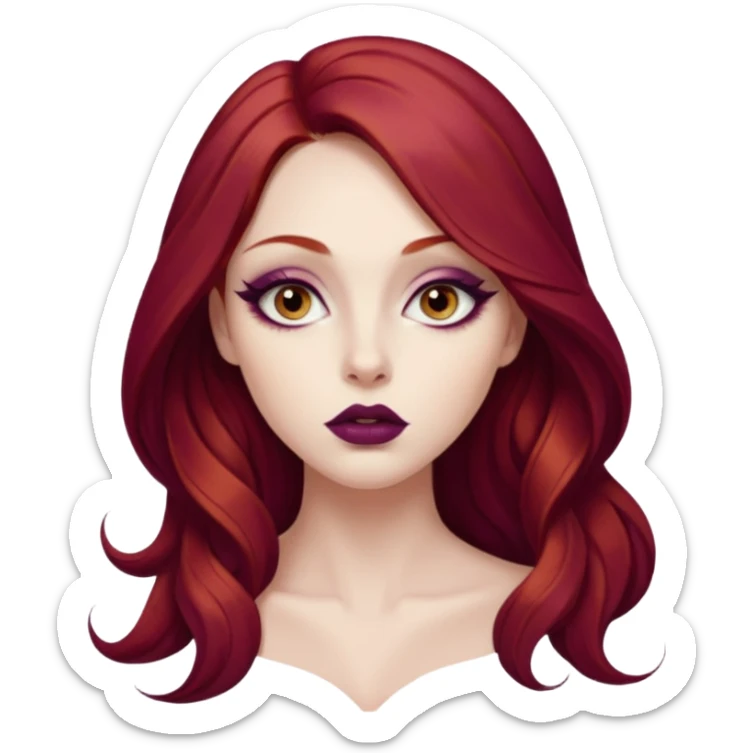 A young woman with long, deep red hair and smooth porcelain skin. She has large, expressive eyes accentuated by winged eyeliner and warm-toned eyeshadow. Her full lips are painted with deep plum lipstick. realistic style, high detail. sticker