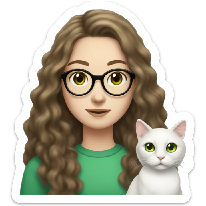 long haired brunette white girl with freckles and round glasses holding a white cat with green eyes sticker