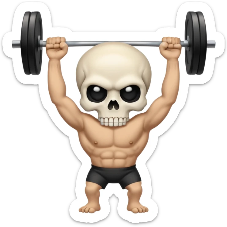 cartoon-style emoji of a white skull with black eye sockets, holding a heavy barbell with its hands, large weights on each side, confident and intense expression, clean lines, bold colors, simple or transparent background, stylized like an emoji sticker