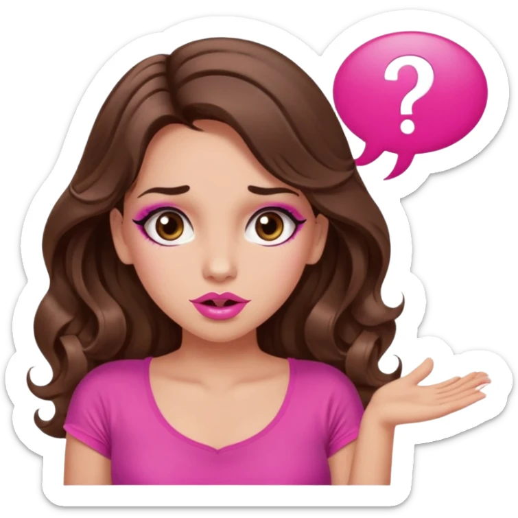 girl with long wavy brown hair, brown eyes, long lashes makeup, sexy pink lips, light to medium complexion, wearing a pink sexy top, shugging, question mark one speech bubble sticker
