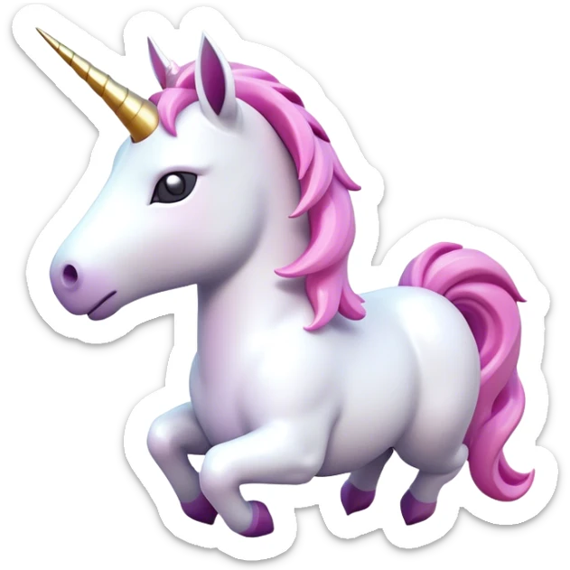 Clash of Clans aesthetic: Cinematic Playful Unicorn Mount Emoji, rendered in a 3D vector-style similar to standard emojis with minimal shading and bold, simplified shapes. A compact, isometric majestic unicorn with a spiraled horn and flowing mane, softly glowing with a magical celestial charm. Simplified yet unmistakably iconic, highly detailed and consistent, glowing with a soft radiant brilliance and high shine. Stylized with a touch of enchanted fantasy and a soft glowing outline, capturing the essence of a mythical mount with a friendly, playful elegance! sticker