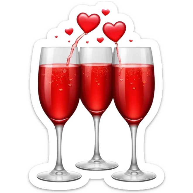 2 red champagne glasses are clinking and 3 red hearts are flying from above sticker