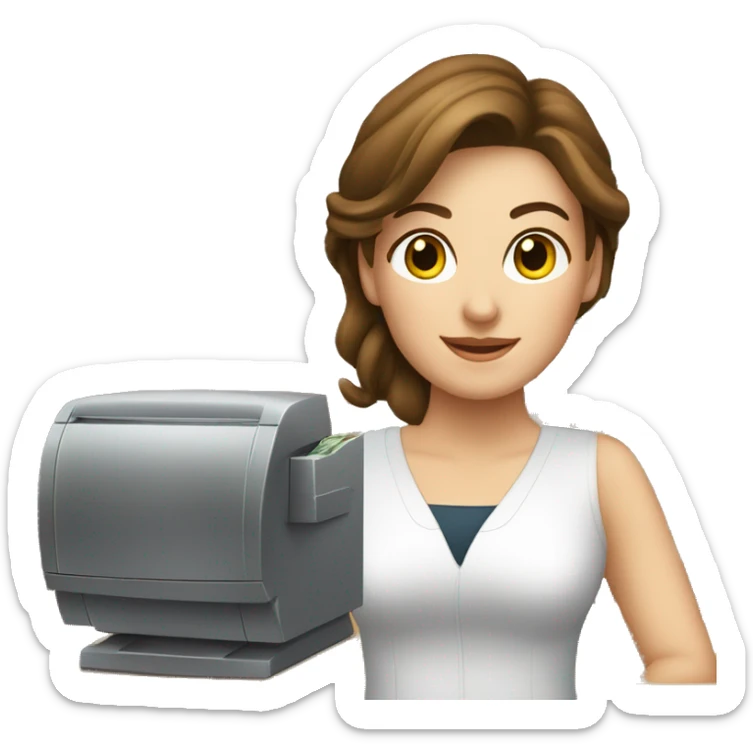 cashier (white female, brown hair, white gold earrings) in front of cash registry, apple-style sticker