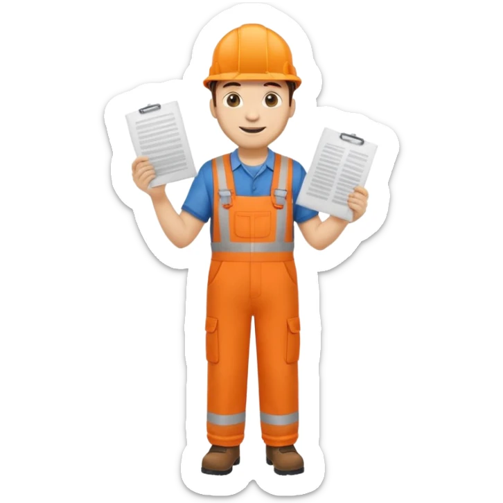 railway engineer full body in orange overalls, carrying one piece of paper with both hands in front of him sticker