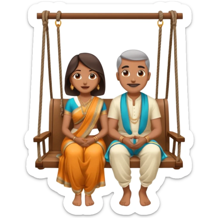 indian man and woman sitting on two seater swing. woman in saree and man in dhoti sticker