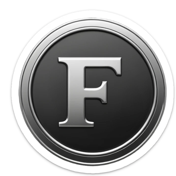 Emoji icon of a black coin with engraved letter F, minimalist style, isolated, no color sticker
