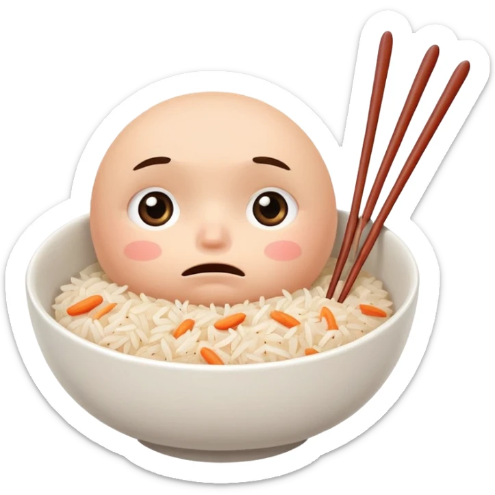 A bowl of rice with a worried, caring face,worring face — like it’s gently asking, ‘Did you eat?’ Holding spoon and chopsticks, ready to take care of you. sticker
