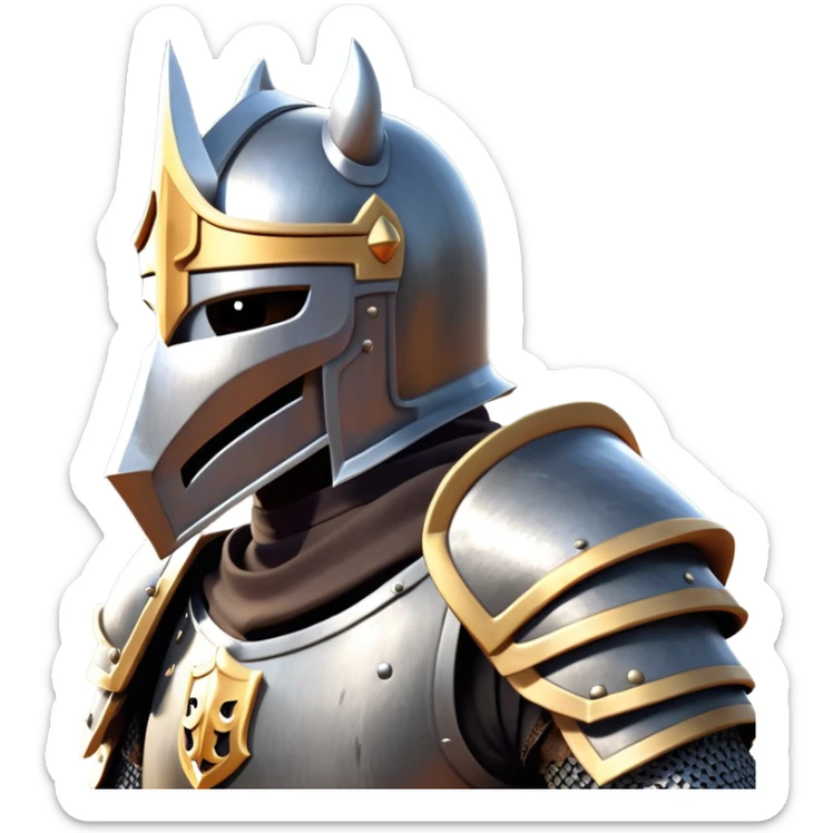 clash-of-clans-aesthetic_-cinematic-fearsome-and-majestic-knight-bust-portrait-emoji, rendered in a flat, vector-style with minimal shading and bold, simplified shapes, depicting a battle-ready medieval knight with steely eyes and intricate armor, mounted riding on a black warhorse reflecting sunlight over a misty battlefield. sticker