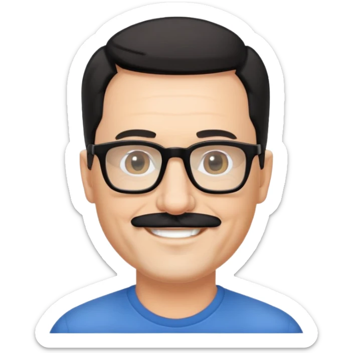 đàn ông 50 tuổi, da trắng, có râu ria đen. đeo kính đen, mắt kính trong suốt, tóc đen ngắn, cười mỉm sticker