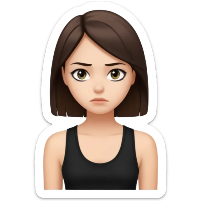 a fair girl with straight brunette hair, black tank top, eyeliner on. Looking sad sticker
