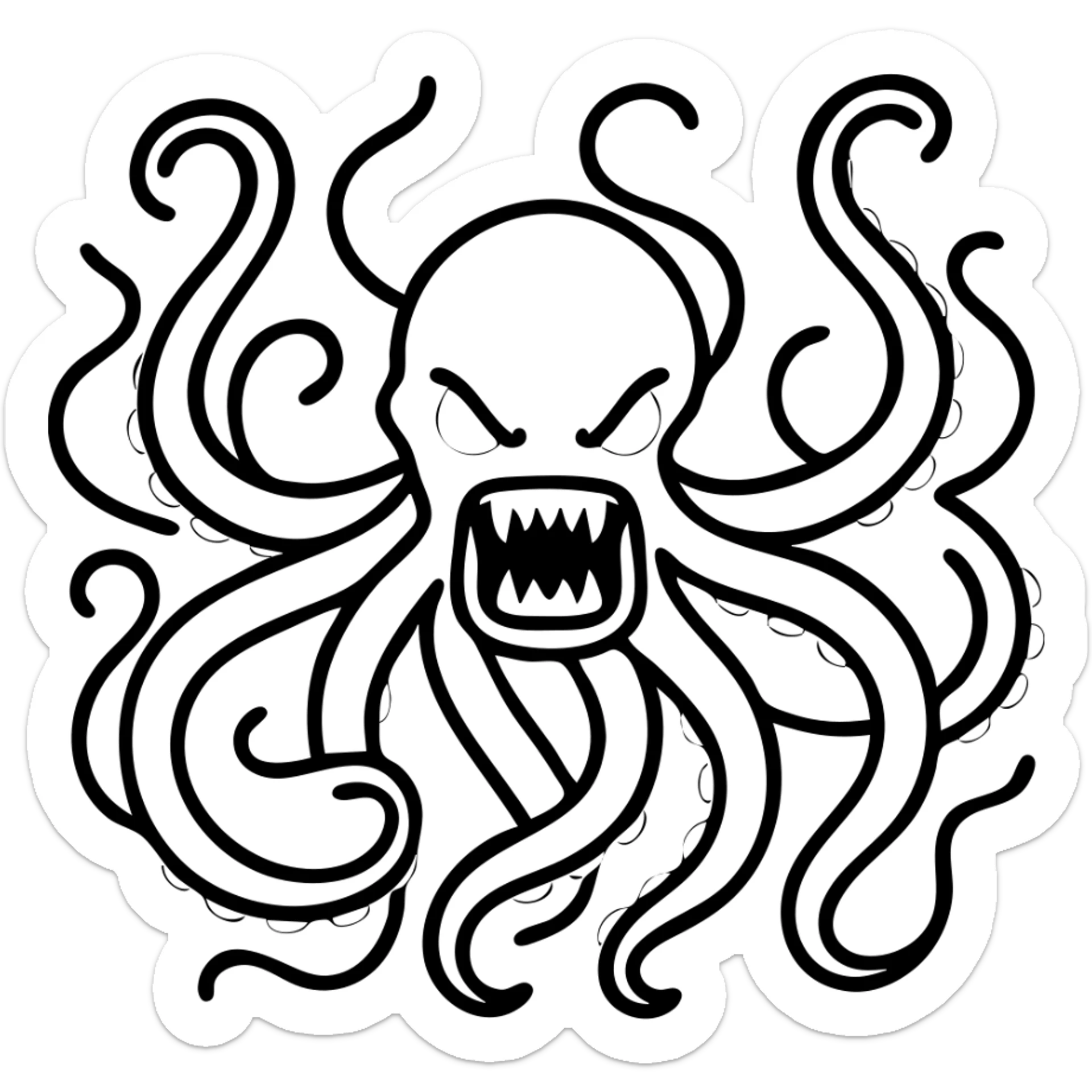 Add red details to the black fierce kraken, keep the background transparent, maintain the black outlined icon style with no fill. sticker