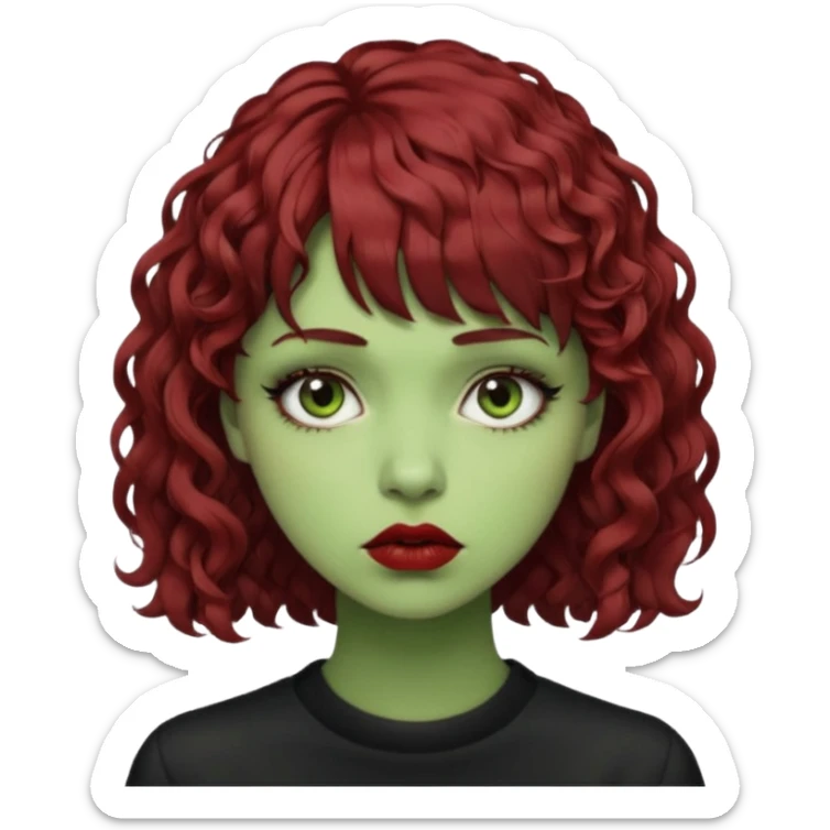 quero que você cria uma mulher, o rosto dela. nela, ela tem cabelo curto e ondulado, tem franja e ela tem semblante triste(cabelo cor meio preto avermelhado) deixe mais cacheado, faça ela bem alternativa (estilo) deixe ela com cor de pele verde sticker