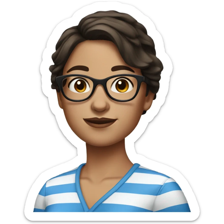 Woman with dark brown hair, glasses, freckles and a blue and white striped shirt sticker