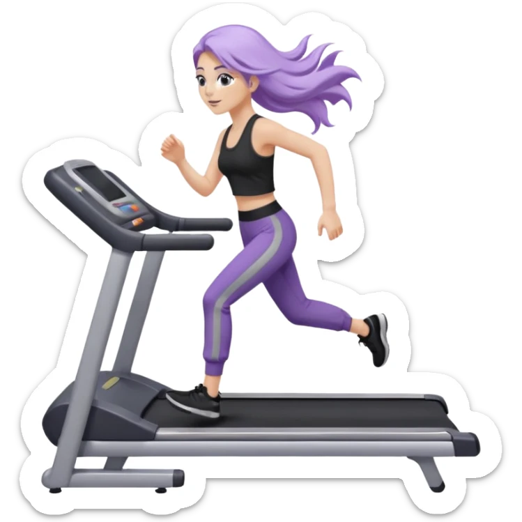 Девушка белокожая на беговой дорожке, с длинными светло-лиловыми волосами, в черном топе, в серых спортивных штанах, с черными ресницами sticker