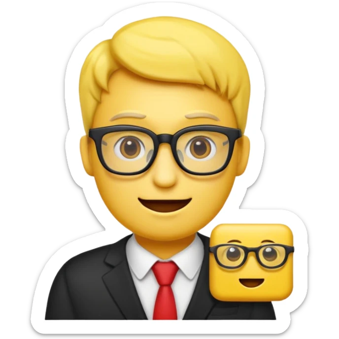 Créer un emoji nerd le perso doit être une tête basique d'emoji jaune avec une grosse paire de lunettes rectangulaires noires 3 boutons sur chaque joue et une dent qui dépasse  sticker