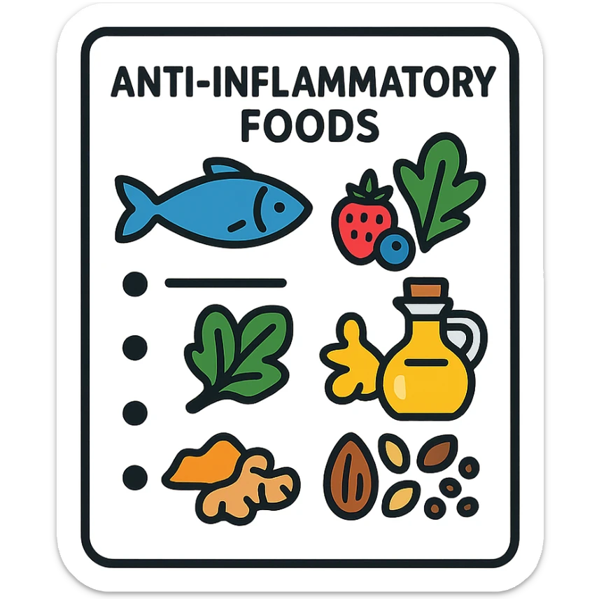 modern illustration of a list of anti-inflammatory foods with icons: blue fish, berries, leafy green vegetables, olive oil, spices (turmeric, ginger), seeds and nuts, light background sticker