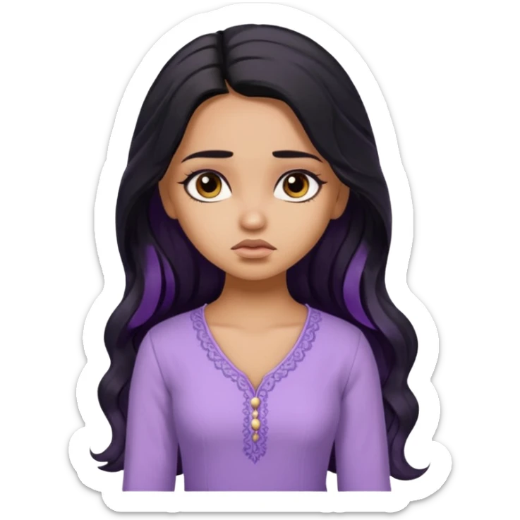 a pretty tan bratz girl with long wavy black hair, wearing a light purple kurti. looking sad sticker