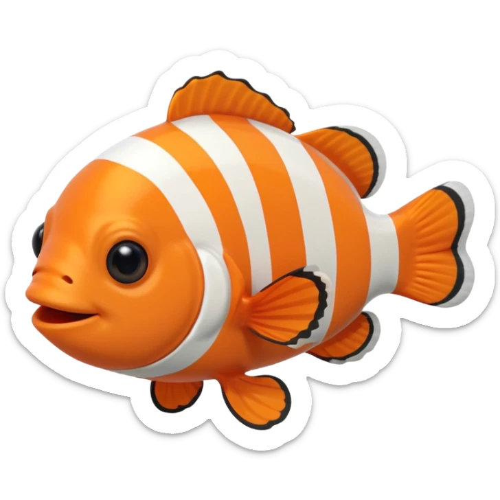 Full body of a clownfish with bright orange and white striped body, small fins, rounded tail, big black eyes, smiling expression, cartoon style, floating in water, front-facing sticker