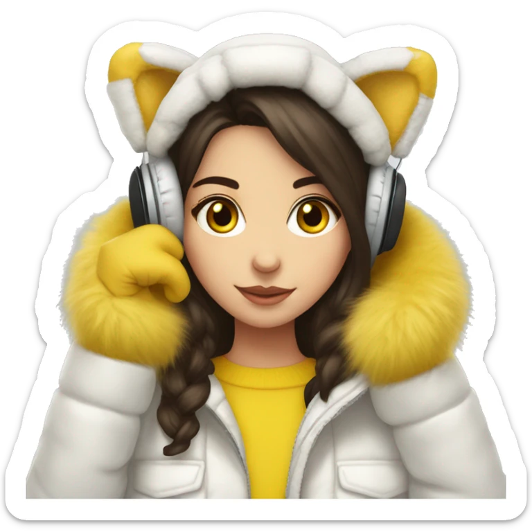 brunette girl yellow fur headphones white down jacket and yellow mittens sticker