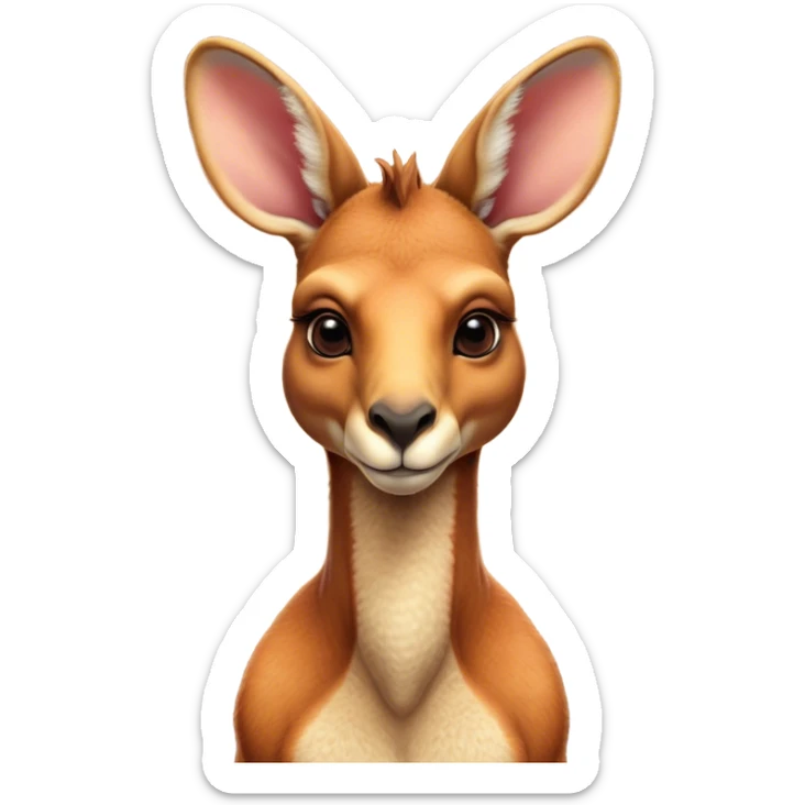 Cinematic Noble Adult Red Kangaroo Portrait Emoji, Poised and regal, with a robust, muscular build, tawny reddish fur, and a distinctive camel-shaped head featuring a slightly elongated snout, prominent ears, and keen, observant eyes, Simplified yet sharp and sophisticated features, highly detailed, glowing with a warm, sunlit glow, high shine, intelligent and commanding, stylized with an air of outback authority, focused and vigilant, soft glowing outline, capturing the essence of a watchful guardian that seems ready to bound out of the screen with effortless power! sticker