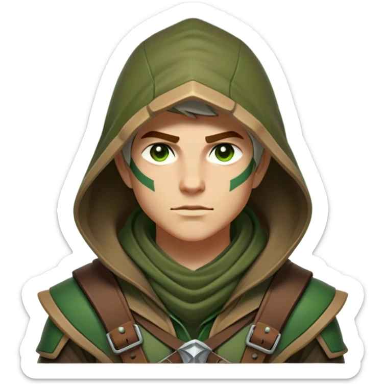 Clash of Clans aesthetic friendly Ranger Portrait Emoji, With a lean, agile build clad in earth-toned leather and green accents, a keen, focused gaze and a weathered hood shadowing determined eyes, his face rendered in a natural skin tone (not yellow), Simplified yet sharply defined features, highly detailed, glowing with a soft, natural woodland radiance, high shine, intelligent and resolute, stylized with an air of forest guardian authority, focused and alert, soft glowing outline, capturing the essence of a confident ranger ready to defend the wild with stealth and valor! sticker
