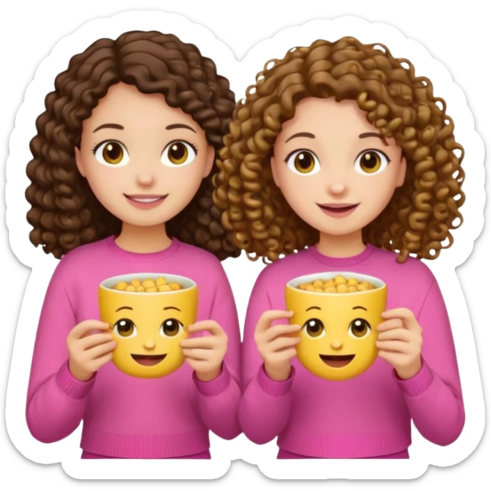 Two girls eating, one brunette with straight hair and another brunette with curly hair, emoji style, first girl has a pink sweater and the second girl has a yellow sweater sticker