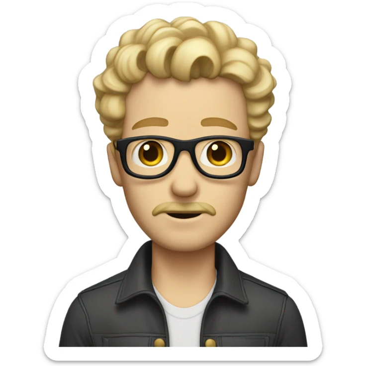 Extremely skinny white guy with blinder mustache and gotee and blonde curly hair up to shoulders sticker