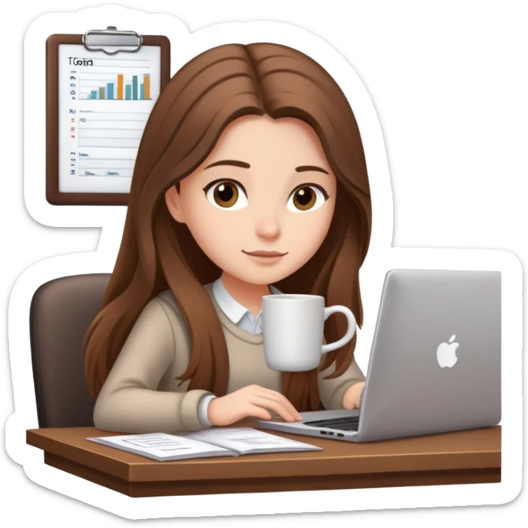 Girl with long brown hair doing bookkeeping at a laptop with a cozy mug beside her officecore elegant sticker
