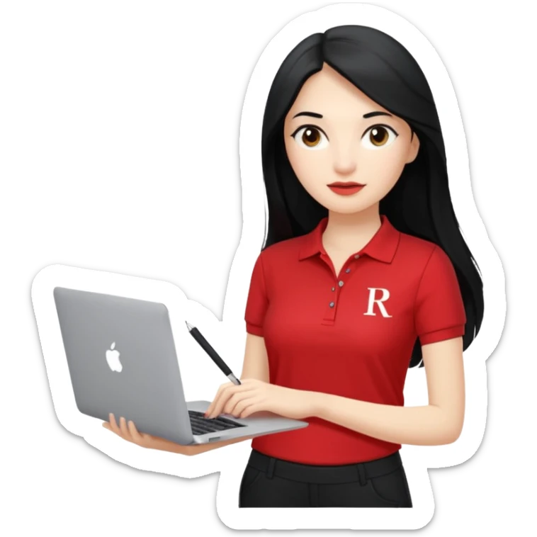 Gere um emoj estilo IOS de uma garota branca, de longos cabelos pretos vestida com um uniforme composto por uma camiseta estilo gola polo vermelha com um detalhe escrito em branco a palavra "RODA" e uma calca preta. Ela deve segurar em uma das maos um mackbook e na outra uma caneta sticker