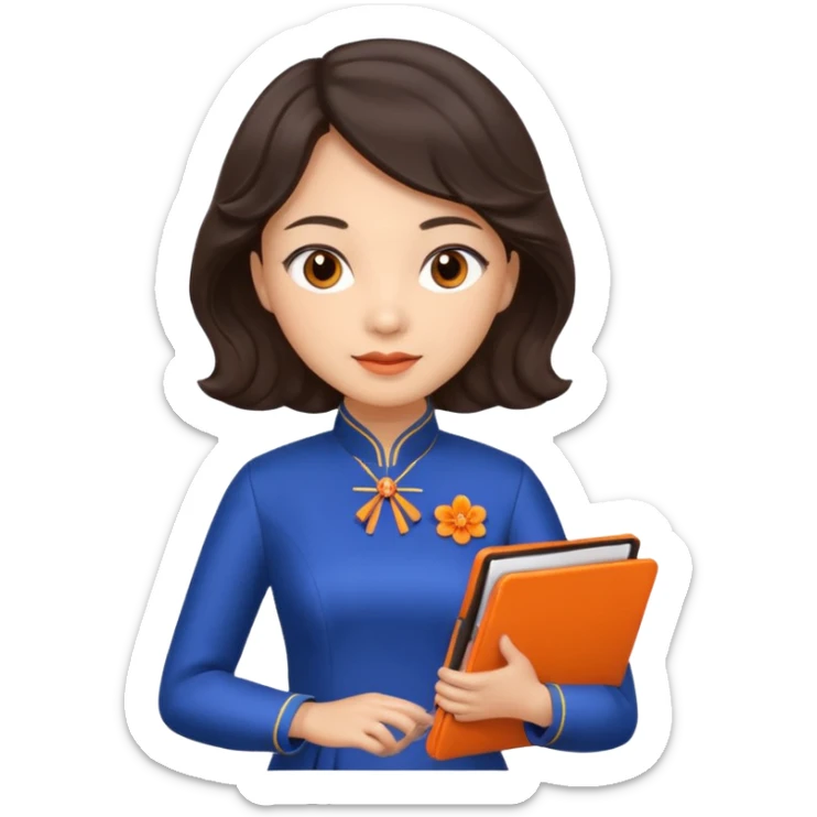 Teacher emoji but : wavy dark brown hair, light skin, no glasses, dark eyes, with a computer folder in the hand (color is orange), being a teacher, wearing a chinese qipao ( dark blue)


 sticker