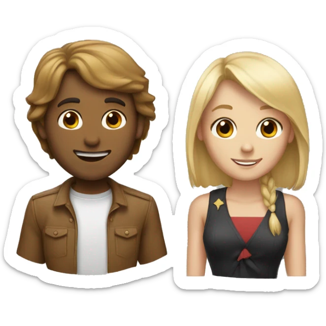 A white guy with shoulder length brown hair and bangs and a girl with blonde hair  sticker