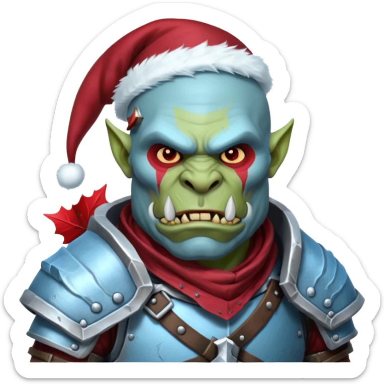 
Fantasy Christmas orc legion soldier icon, iron tundra army theme, heavy winter armor, disciplined brutal look, icy blue steel armor with deep crimson accents, frozen metal texture, cold winter atmosphere, male variant sticker