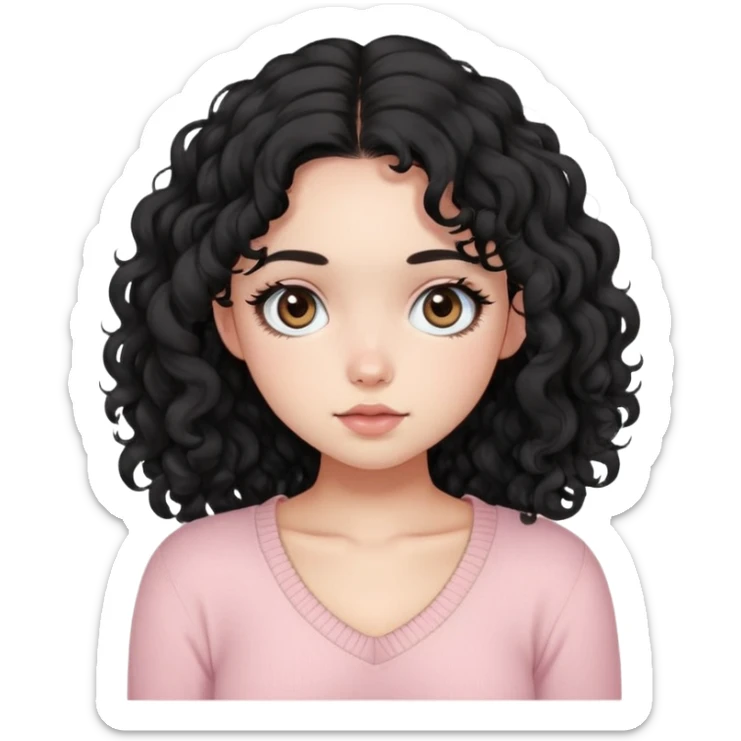 a girl with long black curly hair, very big  round eyes, and peachy cheeks. She is wearing a slightly low-cut pink knit top like Brandy Melville style. She looks like a warm and confident English literature student..
.
 sticker