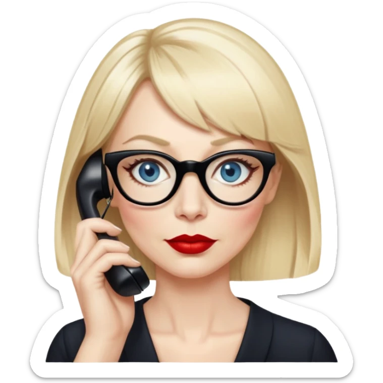Woman in her early 50s with pale skin, wider face, blue eyes with eyeliner, thin eyebrows, red lipstick, blonde hair up with bangs, wearing black glasses. Talking on a phone  sticker