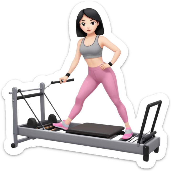 Create a Pilates emoji: a girl with fair skin and black hair, wearing a grey bra and leggings with pink socks, exercising on a pilates reformer and not looking at the camera sticker