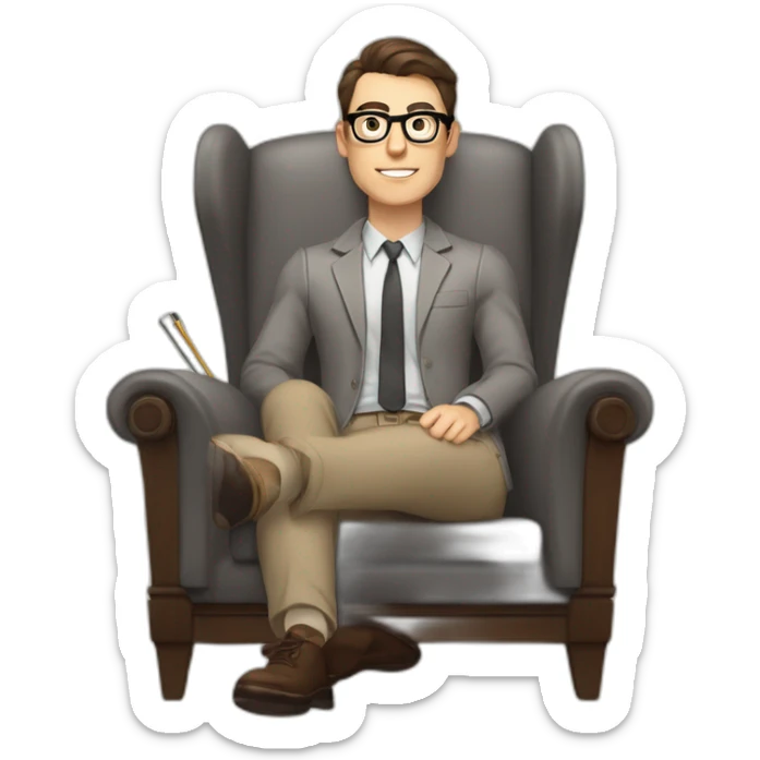 Pale skinned Fit Man With dark brown hair in gray jacket, beige office shirt, Brown pants and vintage glasses sitting In a soft chair with a notebook on spring with emblem Ψ and a pen sticker