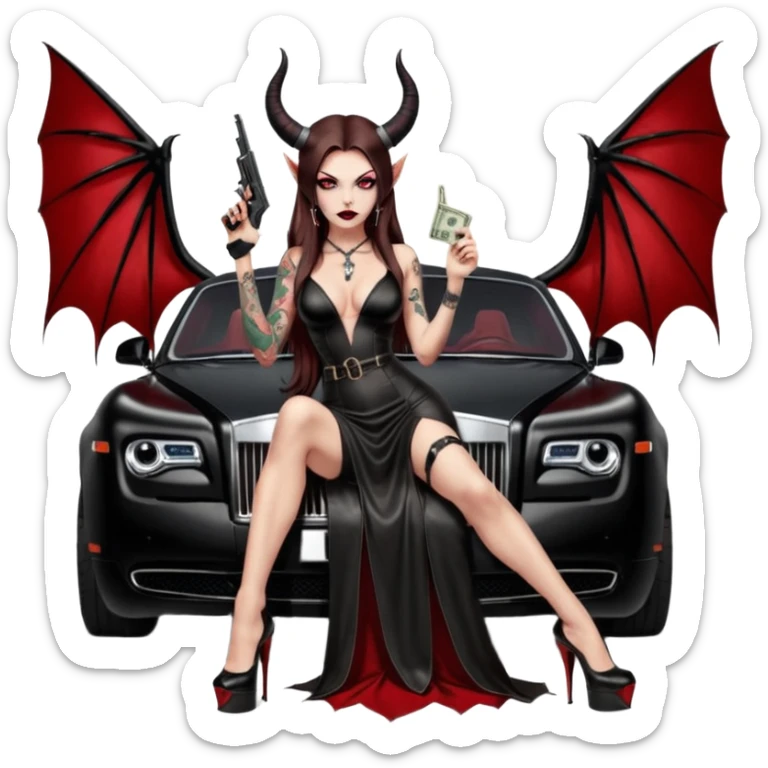 Lilith model red eye sexy black  devil horns.  long brown haired sexy succubus woman with leather long dress slit, sitting on rolls Royce. Wearing Black Platform high heels on feet. Tattoo sleeve arms, she has stacks of cash and a man dead human skull is on top of stack of cash and a gun in  hand sticker