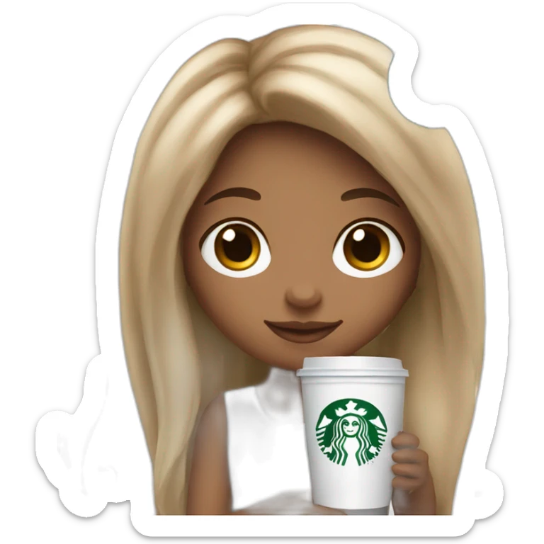 White cute girl with long brown hair holding starbucks drink sticker