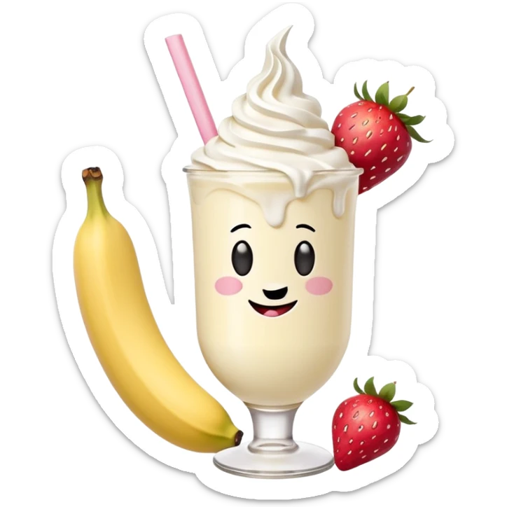 Milkshake vanilla with a banana sticking out of the milk shake it and two strawberries on both sides of the banana at the very tip of the banana, whipped cream and a smiley face sticker