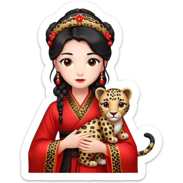 A beautiful girl in red Hanfu wedding dress is holding a black leopard sticker
