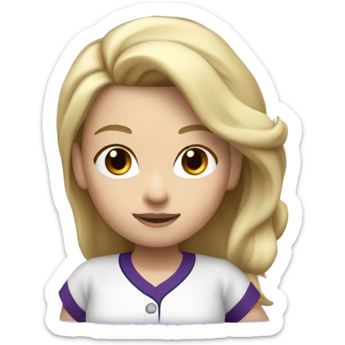 baseball card character. Blonde female long shoulder length hair. letter C logo. white and purple uniform. sticker