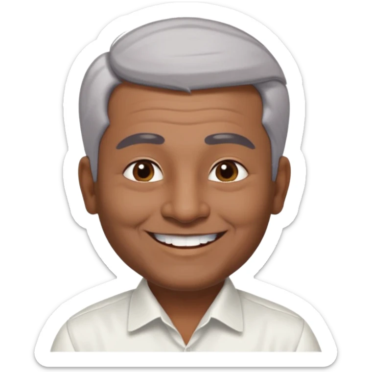 50 yr old indian man, dark skin, grey hair, big smile, white teeth, chubby, no moustache, clean shaven, young style hair, hair brushed back, 5 oclock shadow, bindy, dress shirt, forehead dot sticker