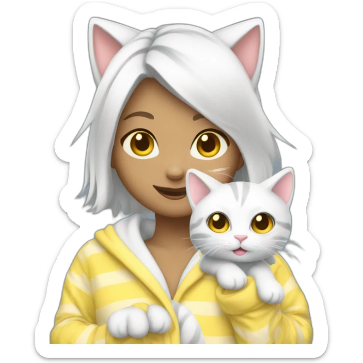 cat girl with white hair and yellow eyes in pajamas waving sticker