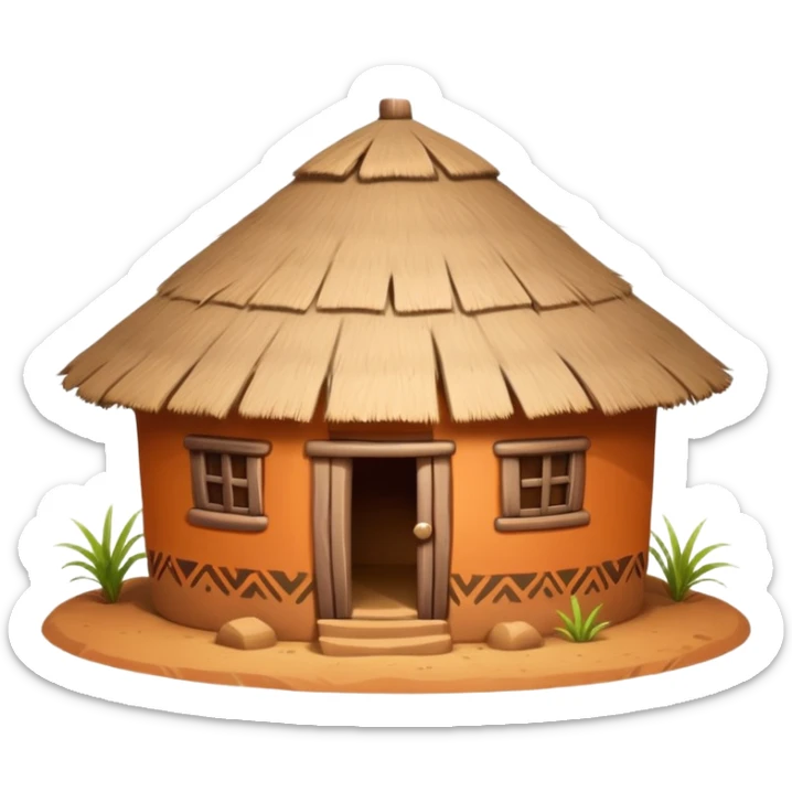African mud hut tribal house, round adobe clay house, thatched roof, warm sunlight, colorful tribal patterns, cute mobile game icon, 3D cartoon, high detail, clean background sticker