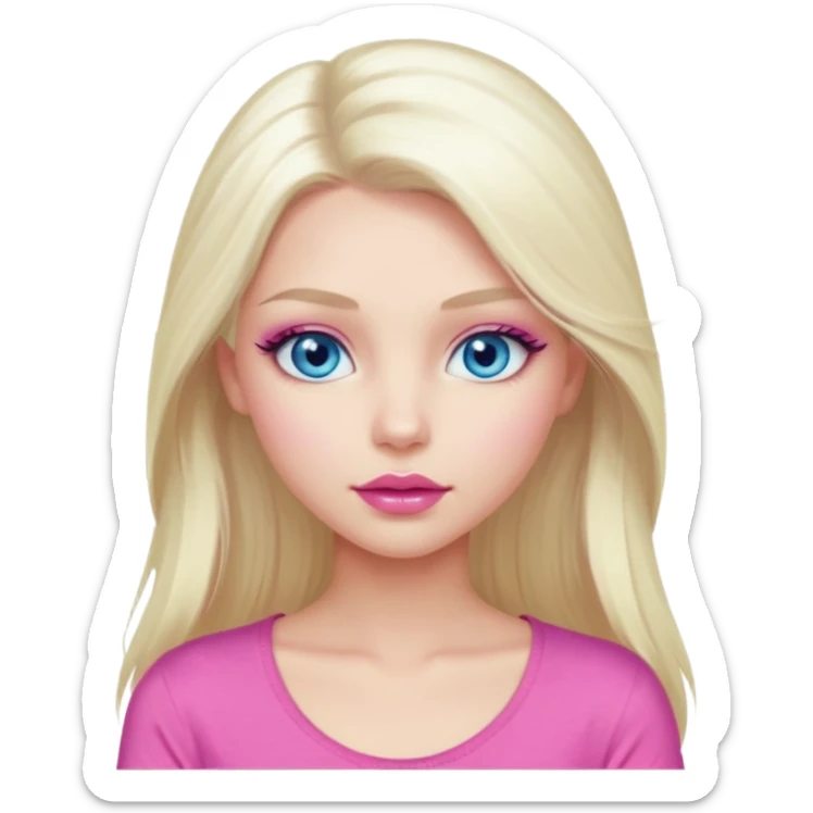 Girl with long platinum blonde hair, blue eyes, long lashes, sexy pink lips, wearing a pink top sticker