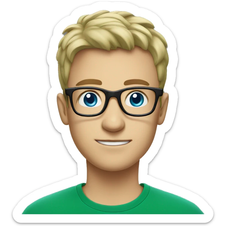 white young man with square glasses and blue eye wearing green t-shirt with laptop  sticker