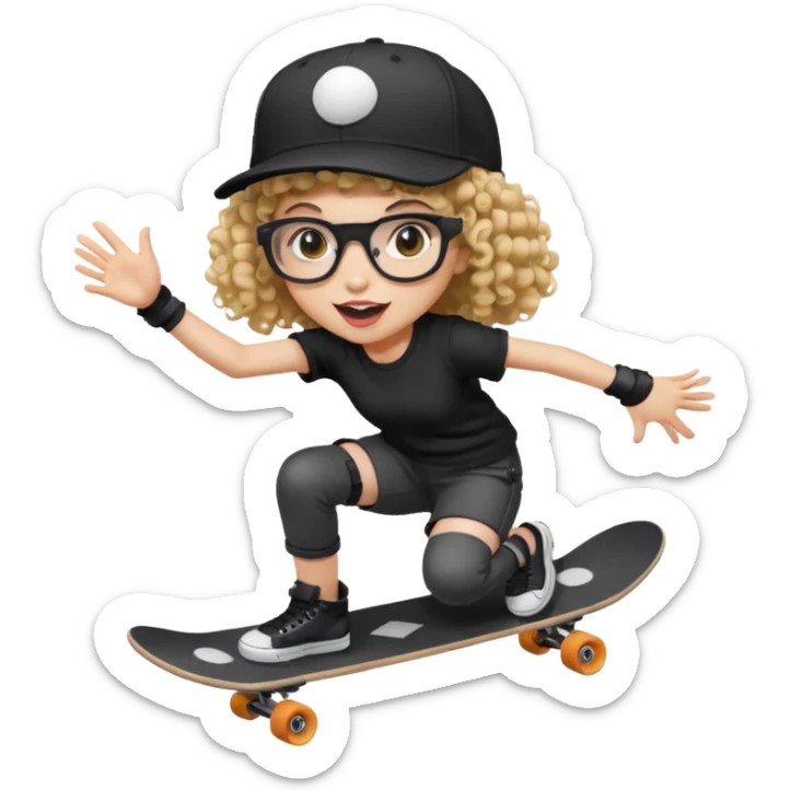 ["An excited girl with light skin, curly hair, wearing a baseball cap and square glasses, dressed in goth fashion, is skateboarding while holding a camera."] Pixal sticker