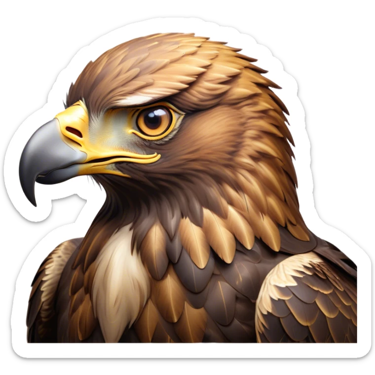 Cinematic Noble Golden Eagle Portrait Emoji, Poised and majestic, with a powerful, broad build, regal hooked beak, and piercing, intense eyes set against richly golden-brown plumage, Simplified yet sharp and sophisticated features, highly detailed, glowing with a soft, amber radiance, high shine, intelligent and commanding, stylized with an air of aerial supremacy, focused and determined, soft glowing outline, capturing the essence of a watchful and confident golden eagle that appears ready to soar out of the screen with effortless authority! sticker
