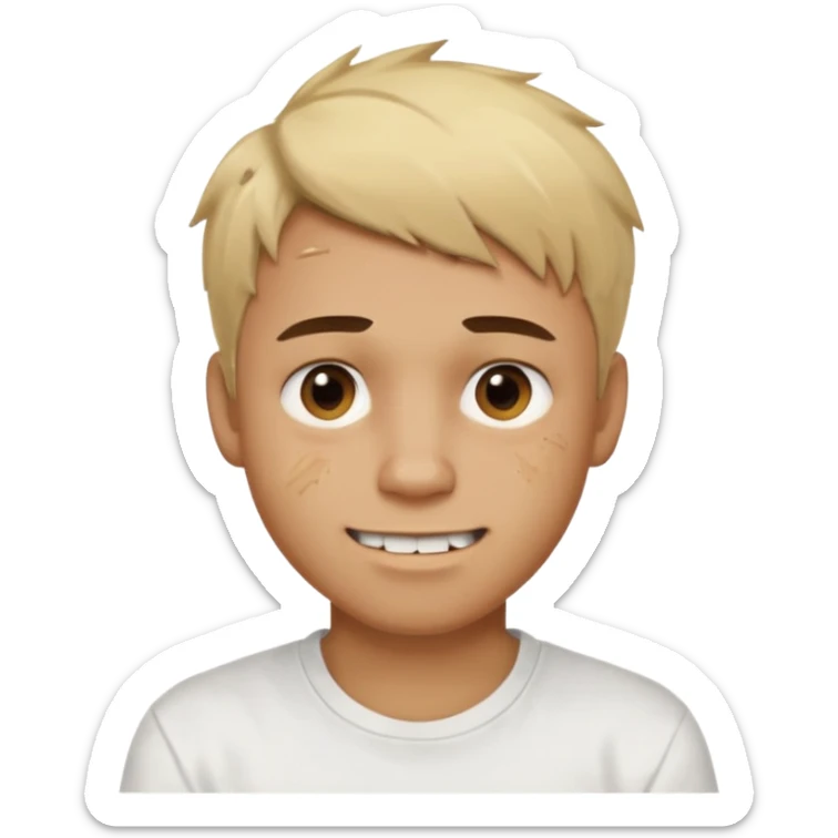 Male with short, messy blonde hair, large expressive golden-brown eyes, brown skin, subtle facial bruises and scratches, crooked smile showing slightly damaged teeth, wearing a plain white t-shirt. sticker